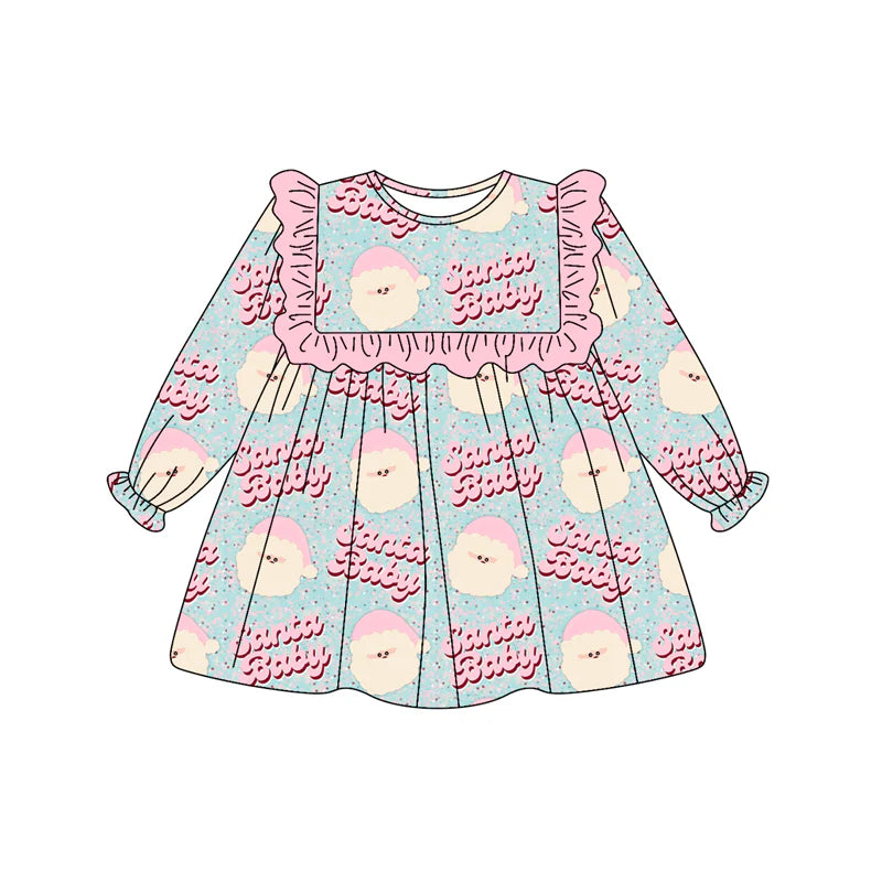 7.11Preorder (moq 5)Baby Girls Long Ruffle Sleeves Pink Santa Babe Knee Length Dresses