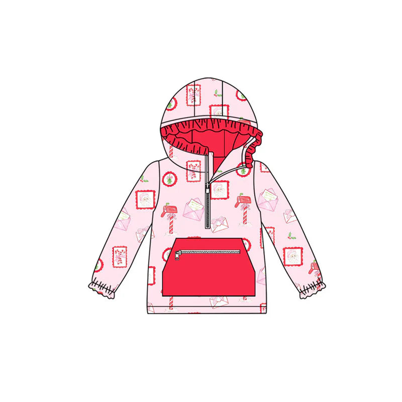 X101Preorder (moq 5)Baby Girls Santa Letters Pocket Zipper Christmas Ruffle Hoodies Top