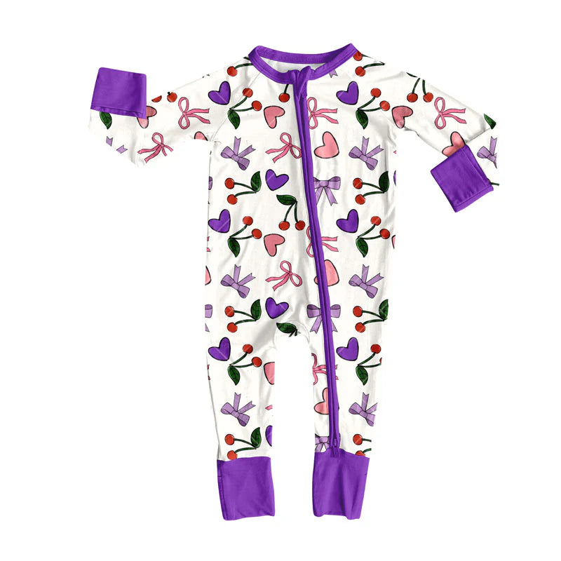 X919Preorder (moq 5)Baby Girls Pink Purple Bows Hearts Cherry Valentine Zipper Footie Rompers