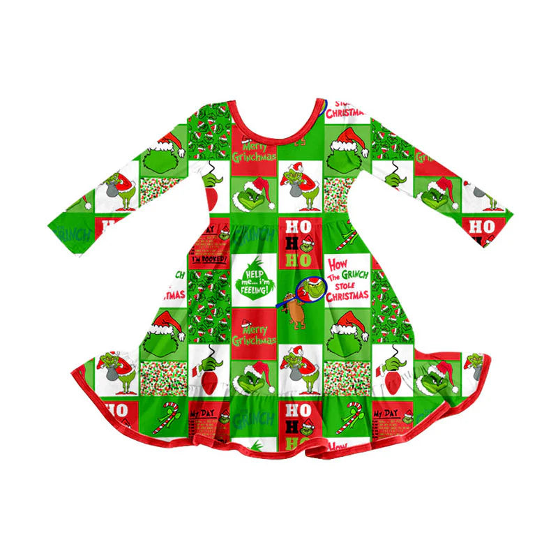 X101Preorder (moq 5)Baby Girls Green Faces Checked Christmas Ruffle Knee Length Dresses