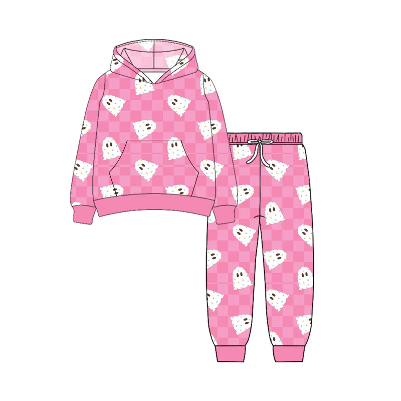 7.11Preorder (moq 5)Baby Girls Long Sleeves Pink Plaid Ghosts Button Pockets Hoodies Top Legging Pants Set