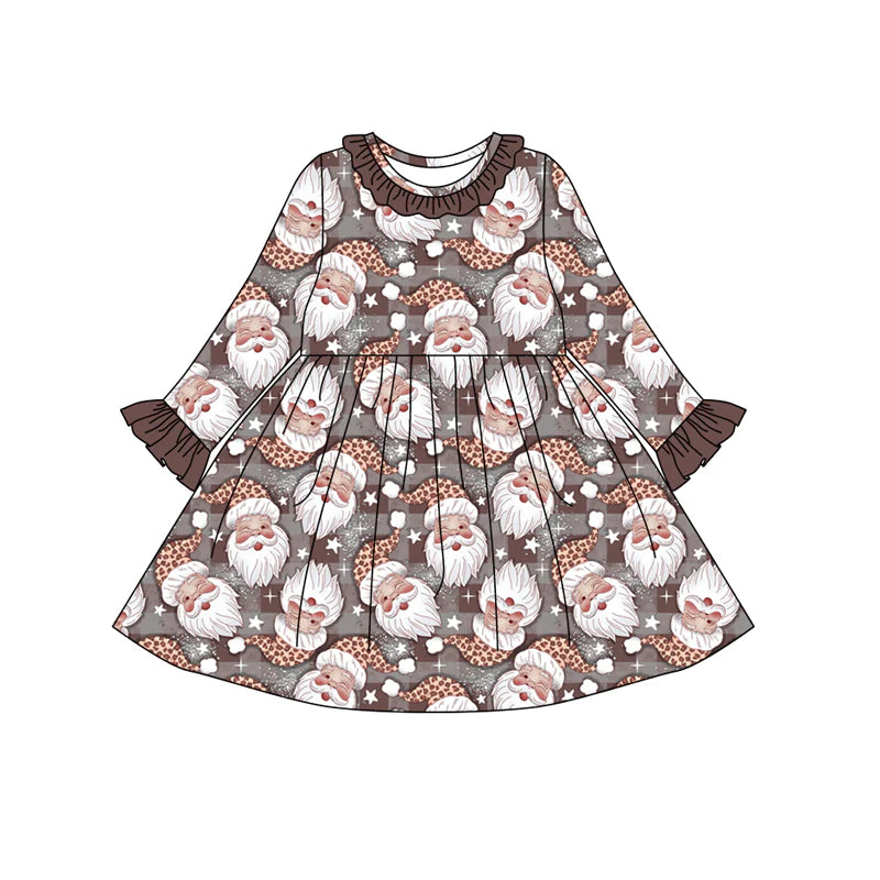 7.31Preorder(moq 5) Baby Girls Brown Long Ruffle Sleeves Santa Plaid Knee Length Dresses