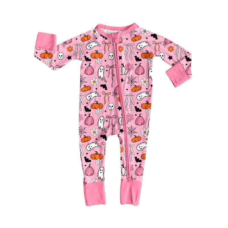 7.16Preorder (moq 5)Baby Girls Long Sleeves Pink Ghosts Pumpkins Plaid Zipper Pant Romper