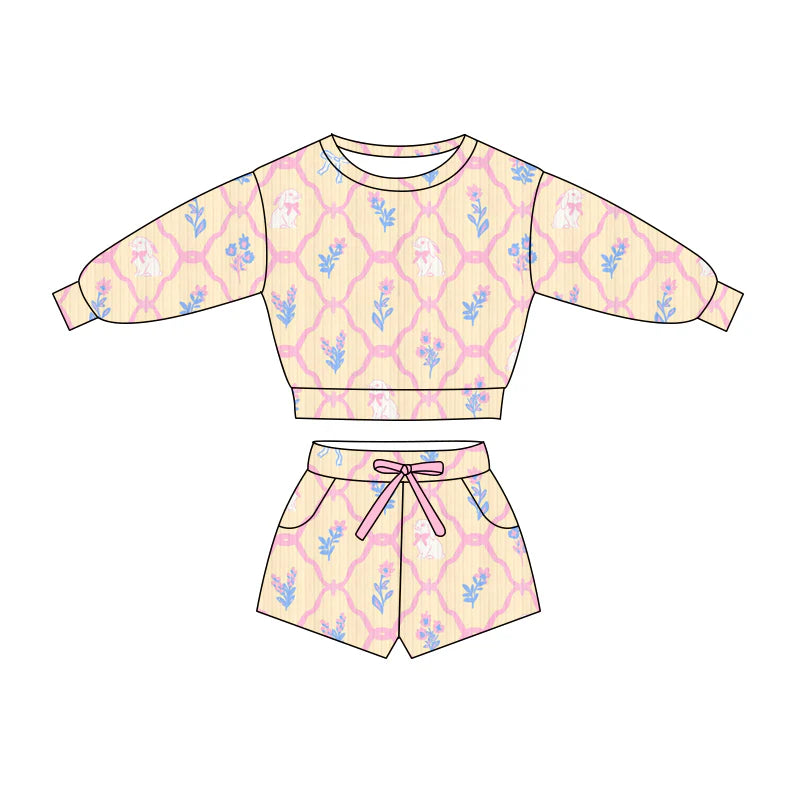 X1.16 Preorder (moq 5)Baby Girls Flowers Rabbits Checked Top Pockets Shorts Easter Clothes Sets