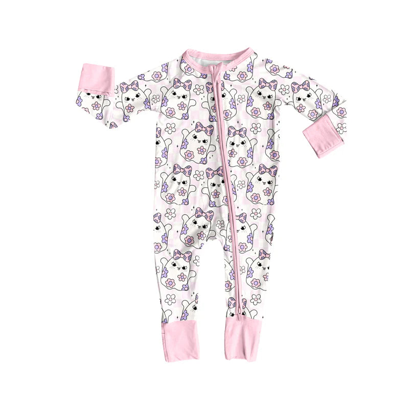 7.16Preorder (moq 5)Baby Girls Long Sleeves Pink Flowers Ghosts Plaid Zipper Pant Romper