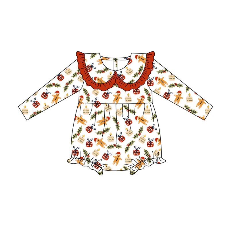8.13Baby Girls Christmas Gingerbread Gifts Collar Rompers
