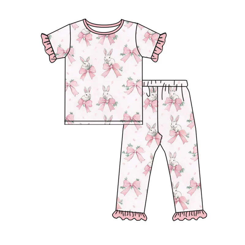 X919 Preorder (moq 5)Baby Girls Pink Bows Rabbits Top Ruffle Pants Easter Pajamas Sets
