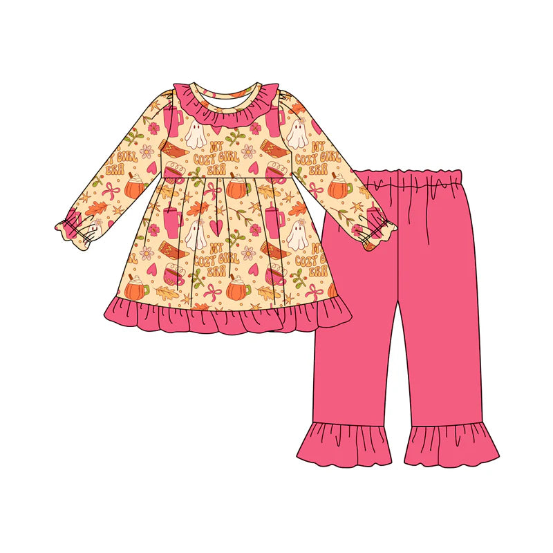 8.8Preorder(moq 5) Baby Girls Pink Bows Ghosts Tunic Ruffle Pants Halloween Set