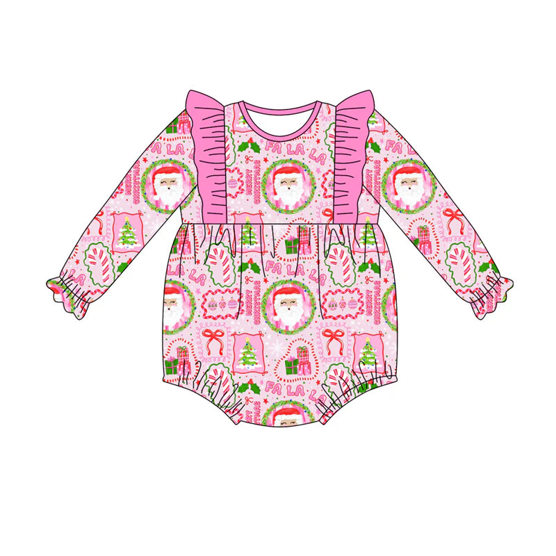 7.19Preorder(moq 5)Baby Girls Pink Santa Candy Cane Plaid Ruffle Rompers