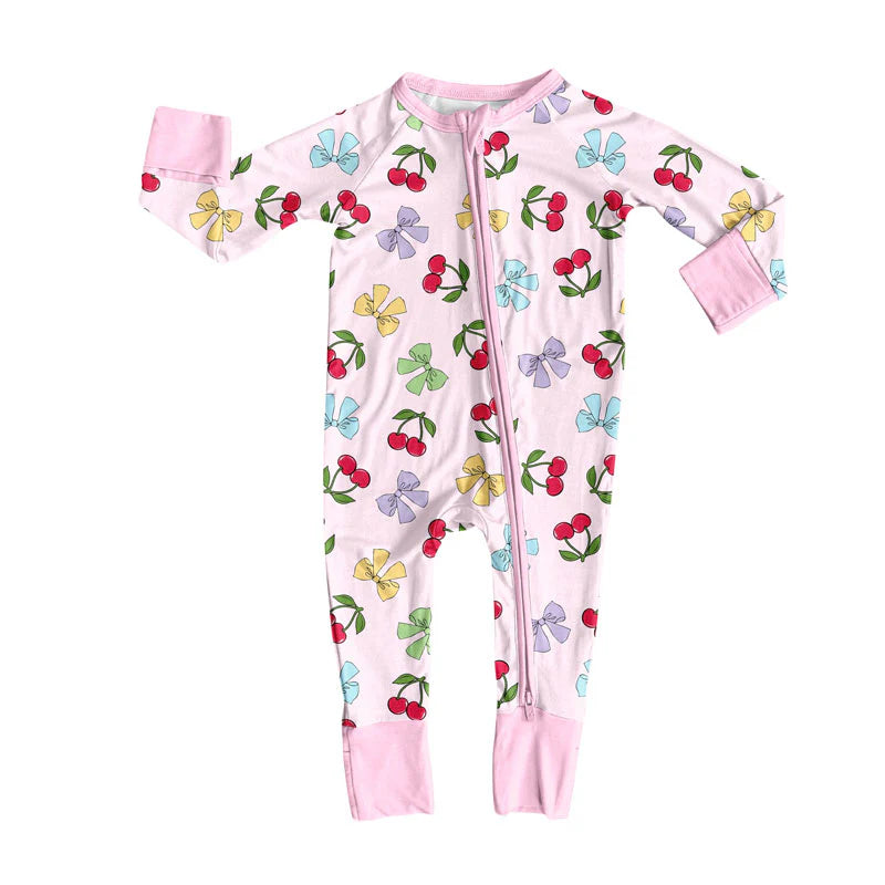 X919Preorder (moq 5)Baby Girls Colorful Bows Cherry Valentine Zipper Footie Rompers