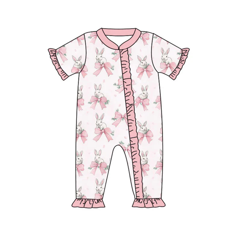 X923Preorder (moq 5)Baby Girls Pink Bows Rabbits Easter Ruffle Zipper Footie Rompers
