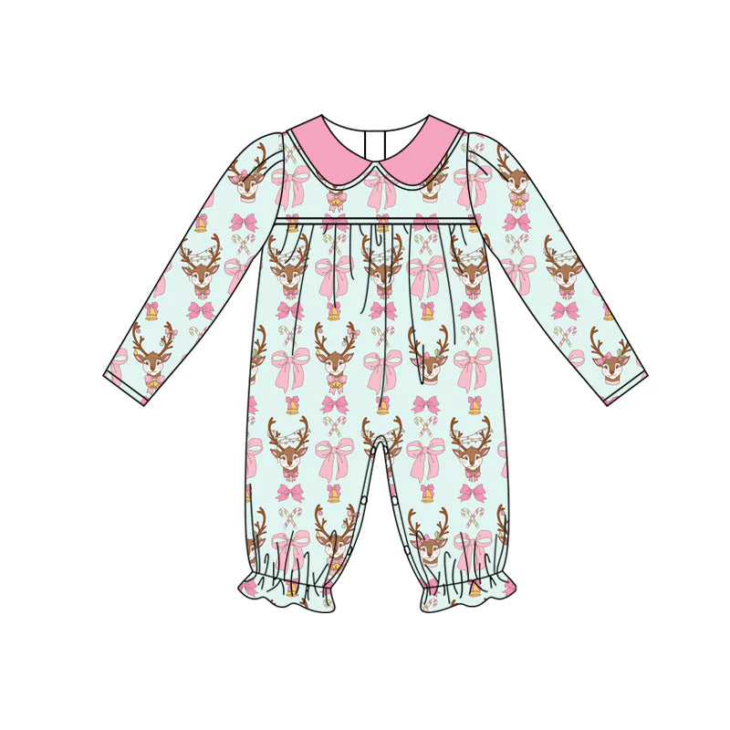 7.16Preorder (moq 5)Baby Girls Long Sleeves Bows Deer Candy Cane Plaid Ruffle Pant Romper副本)