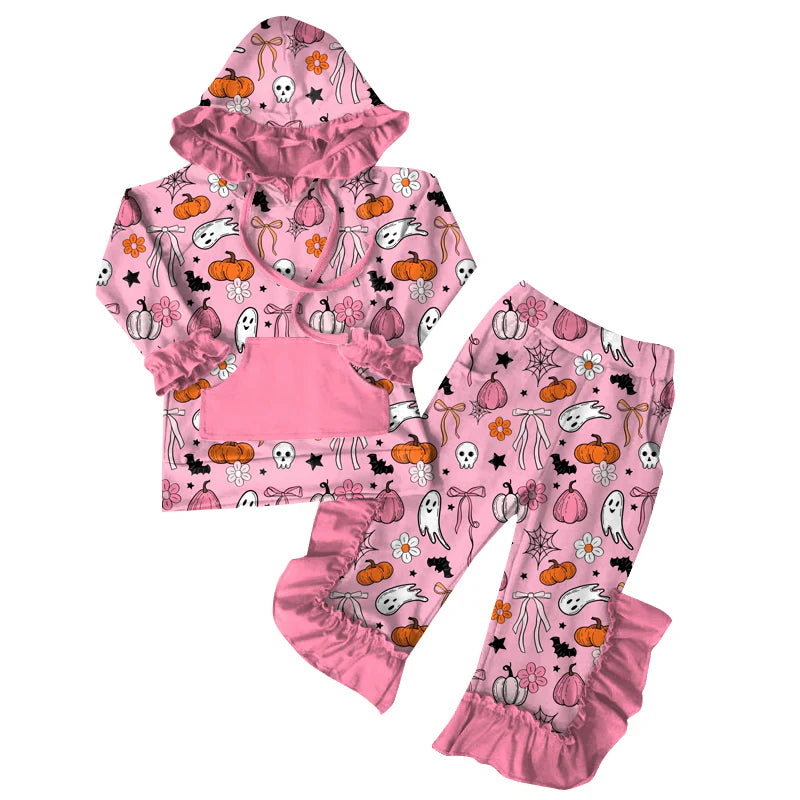 7.10Preorder (moq 5)Baby Girls Long Sleeves Pink Ghost Pumpkins Pockets Hoodie Ruffle Pant Clothes Set
