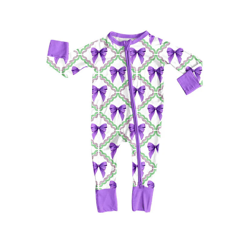 X908 Preorder (moq 5)Baby Girls Mardi Gras Purple Bows Checked Zipper Footie Rompers