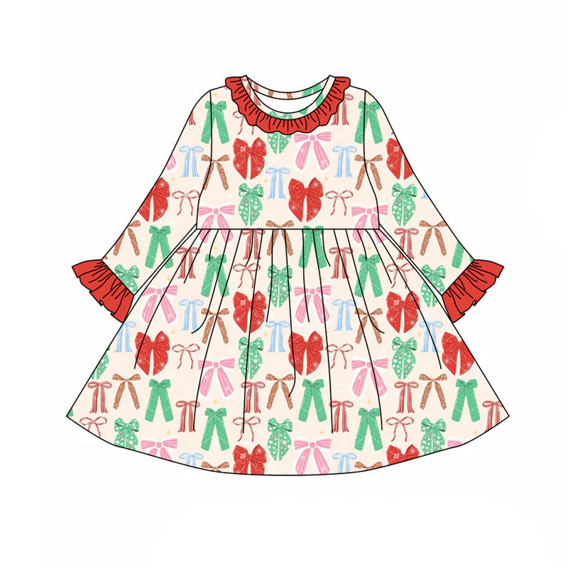 7.31preorder(moq 5) Baby Girls Long Ruffle Sleeves Colorful Bows Plaid Knee Length Dresses