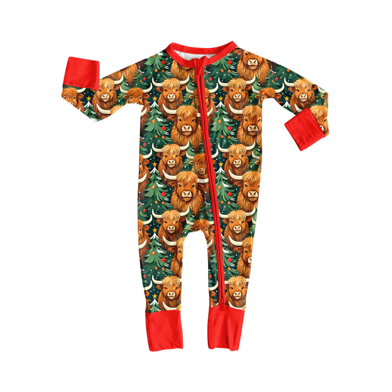 8.6Preorder(moq 5)Baby Infant Boys Long Sleeves Highland Cows Christmas Trees Zipper Rompers