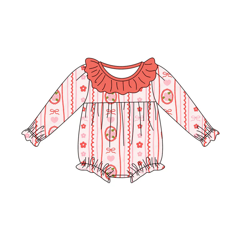 7.19Preorder(moq 5)Baby Girls Pink Flowers Bows Stripe Ruffle Rompers