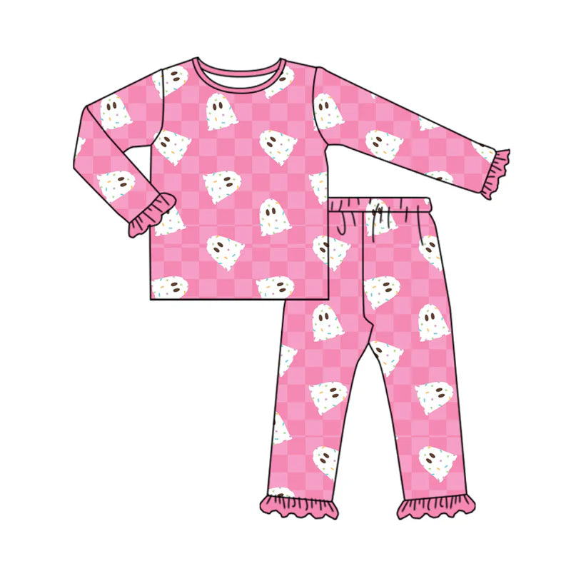7.12Preorder (moq 5)Baby Girls Pink Long Ruffle Sleeves Ghosts Plaid Top Pants Pajamas Set