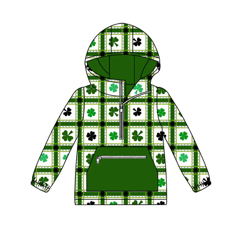 X926Preorder (moq 5)Baby Boys Clovers Checked Pocket Zipper St Patrick Hoodies Top
