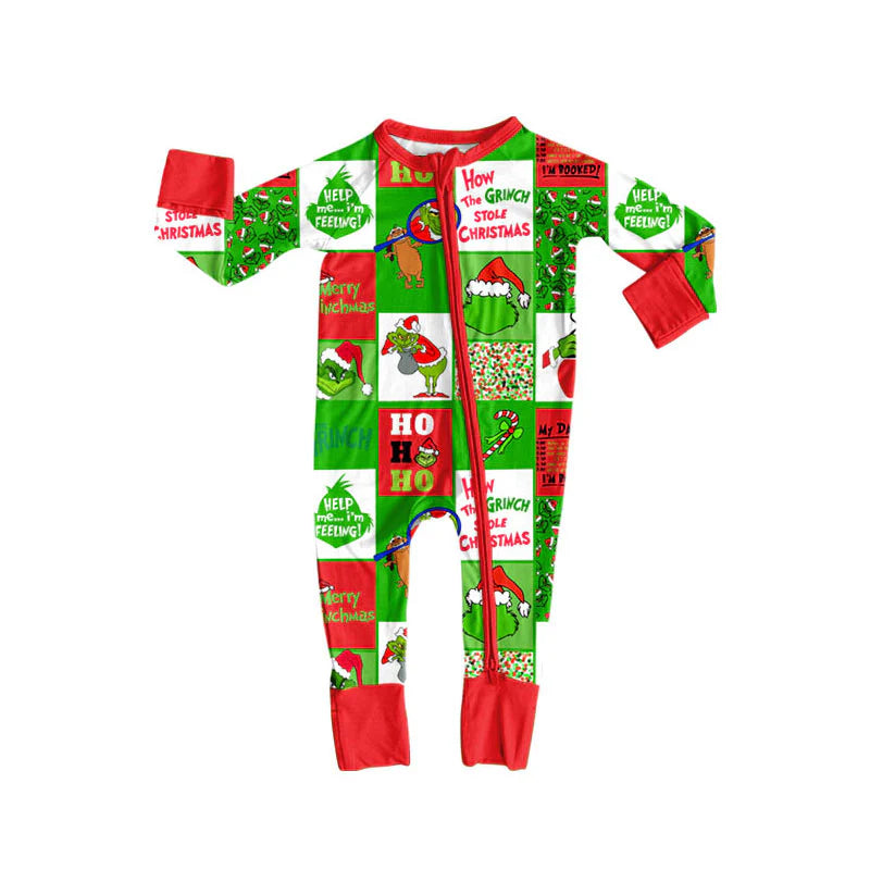 X927Preorder (moq 5)Baby Boys Green Faces Checked Christmas Zipper Footie Rompers