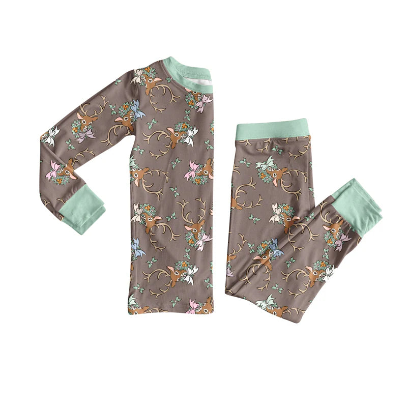7.12Preorder (moq 5)Baby Girls Long Sleeves Holly Deer Plaid Top Pants Pajamas Set