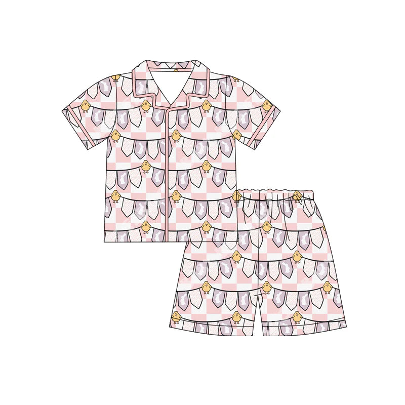 X12.17 Preorder (moq 5)Baby Girls Pink Rabbits Chicks Checked Button Top Shorts Easter Pajamas Sets