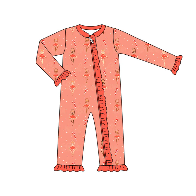 7.16Preorder (moq 5)Baby Girls Long Sleeves Peach Candy Cane Dancers Plaid Ruffle Zipper Romper