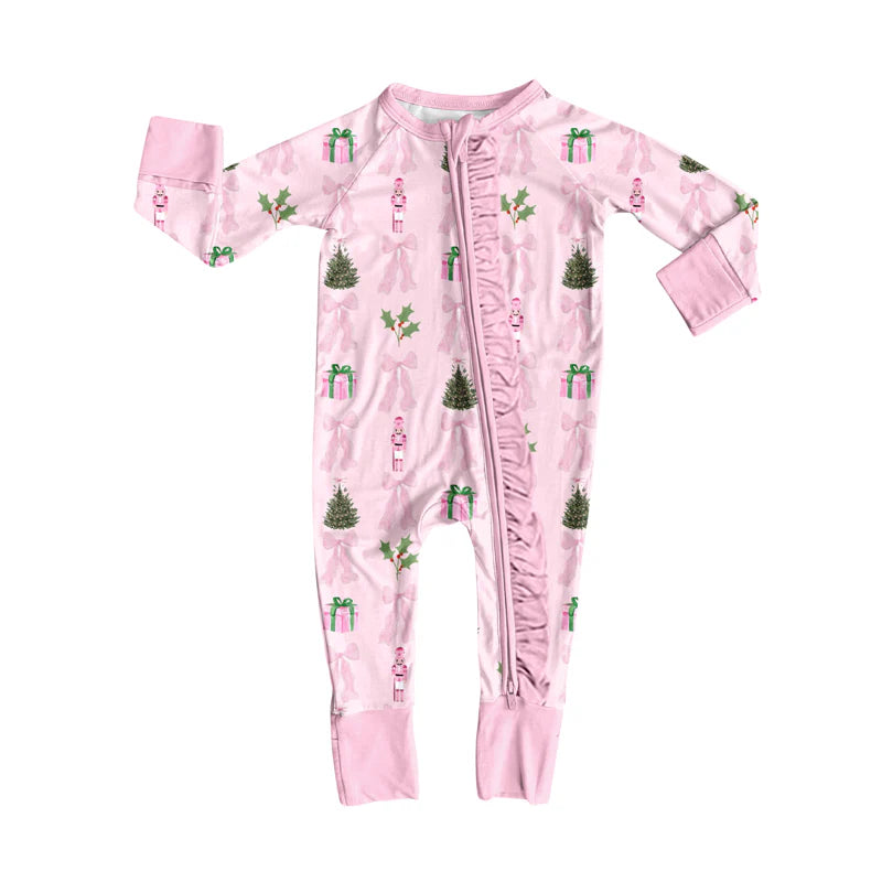 8.12Preorder(moq 5)Baby Girls Christmas Pink Bow Soldier Zipper Footie Rompers