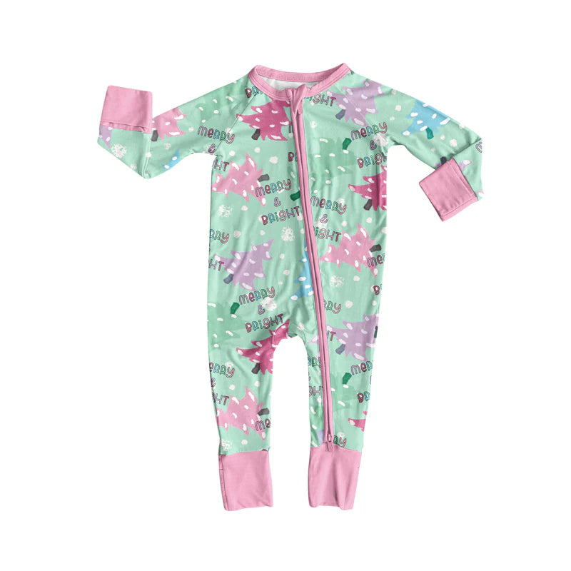 7.16Preorder (moq 5)Baby Girls Long Sleeves Colorful Trees Plaid Merry Bright Zipper Romper