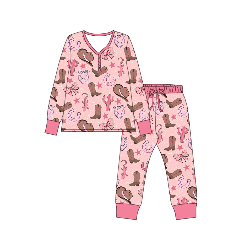 X918Preorder moq 5 Adult Long Sleeve Hats Boots Cactus Top Pants Western Pajamas Sets