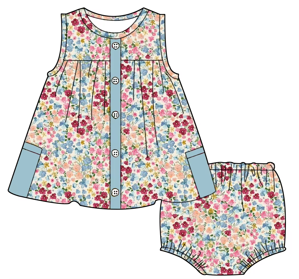 6.10 Blue Pocket Floral Baby Suit