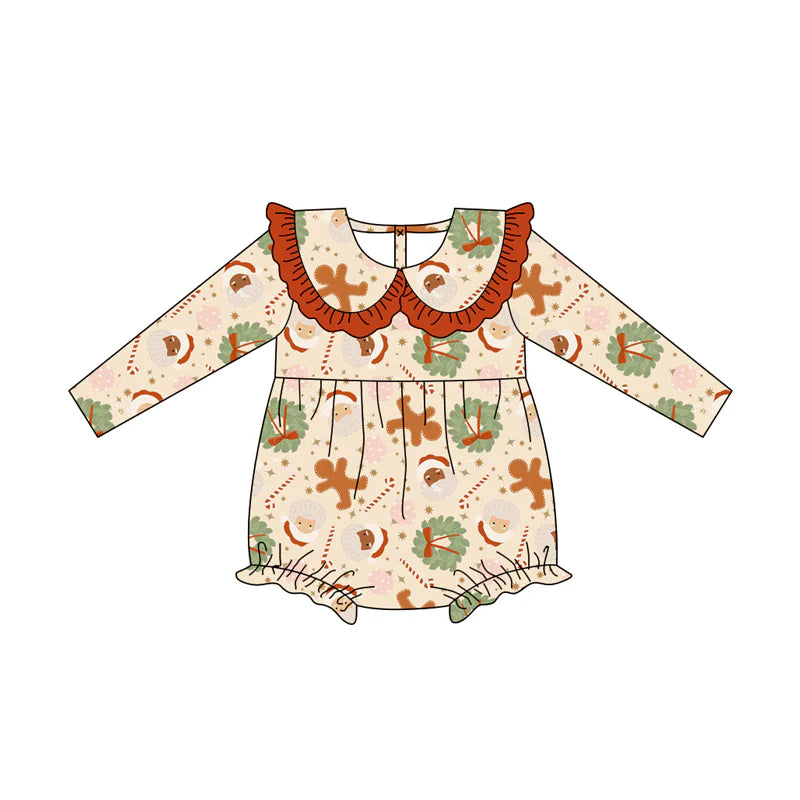 7.19Preorder(moq 5)Baby Girls Santa Holly Gingerbread Ruffle Rompers