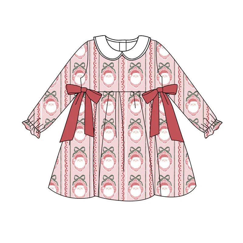 X904Preorder (moq 5)Baby Girls Red Bows Santa Stripes Christmas Knee Length Dresses