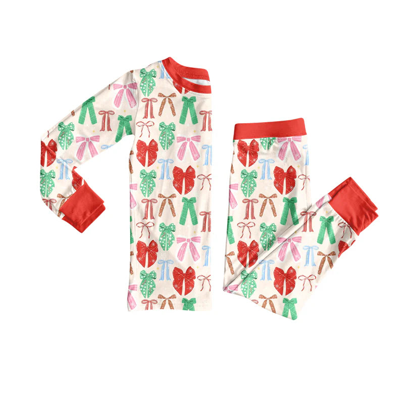 7.31preorder(moq 5) Baby Girls Long Sleeves Colorful Bows Plaid Top Pants Pajamas Set