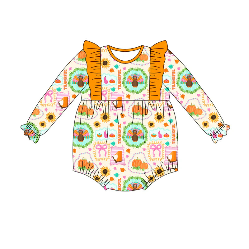 7.19Preorder(moq 5)Baby Girls Turkey Pumpkins Plaid Ruffle Rompers