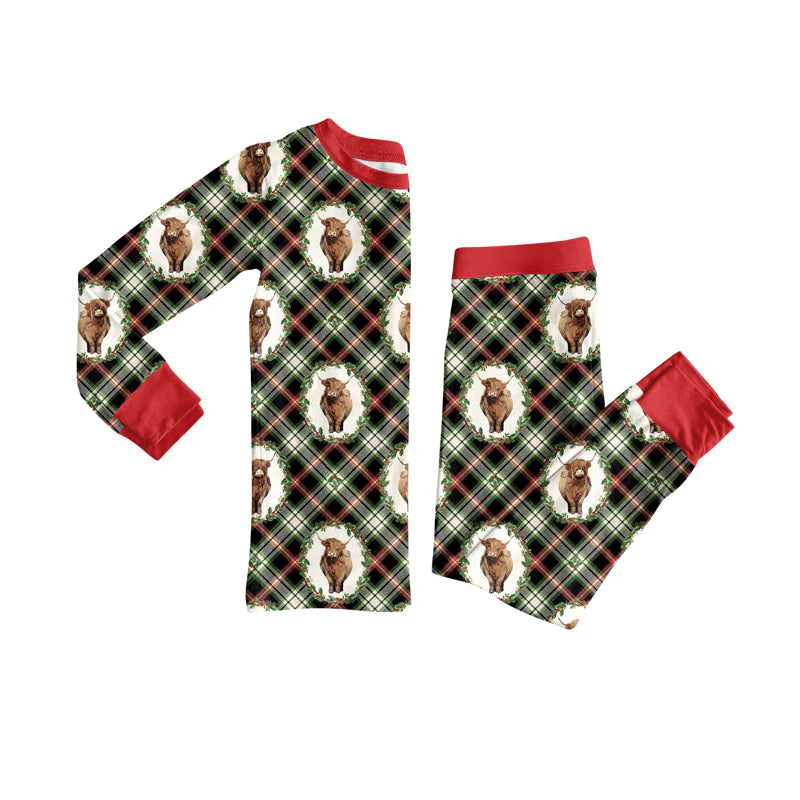 8.4Preorder (moq 5)Baby Girls Highland Cows Holly Plaid Top Pant Christmas Pajamas Set