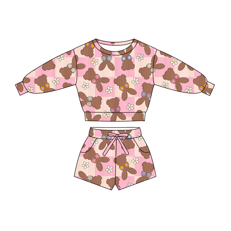 X1.16Preorder (moq 5)Baby Girls Rabbits Flowers Checked Top Pockets Shorts Easter Clothes Sets