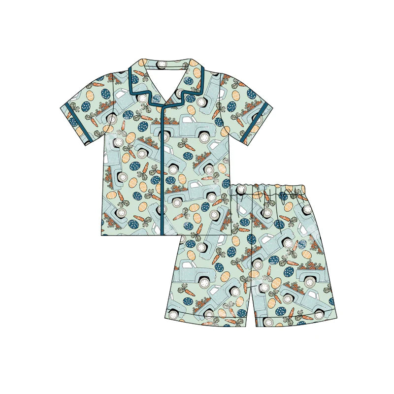 X12.17 Preorder (moq 5)Baby Boys Eggs Carrots Trucks Button Top Shorts Easter Pajamas Sets