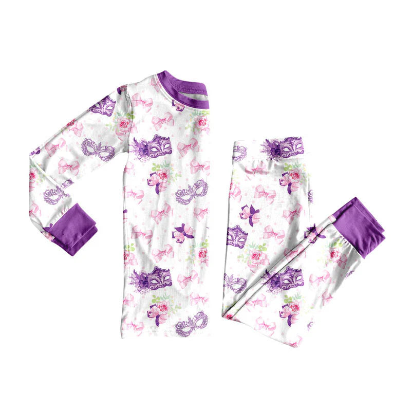 X908Preorder (moq 5)Baby Girls Mardi Gras Bows Flowers Masks Top Pants Pajamas Sets