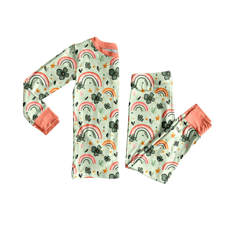 X927Preorder (moq 5)Baby Girls Clovers Rainbows Top Pants St Patrick Pajamas Sets
