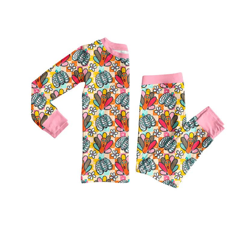 7.10Preorder (moq 5)Baby Girls Long Sleeves Plaid Flower Turkey Top Pant Pajamas Clothes Set