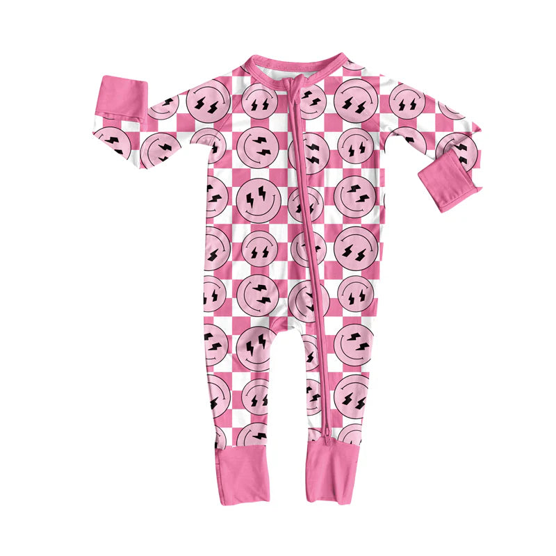 X8.15Baby Infant Western Pink Checkered Smiles Zipper Footie Rompers