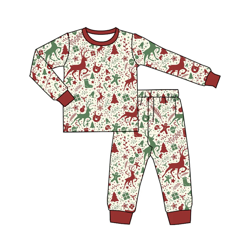 7.10Preorder (moq 5)Baby Boys Long Sleeves Gingerbread Deer Top Pant Pajamas Clothes Set
