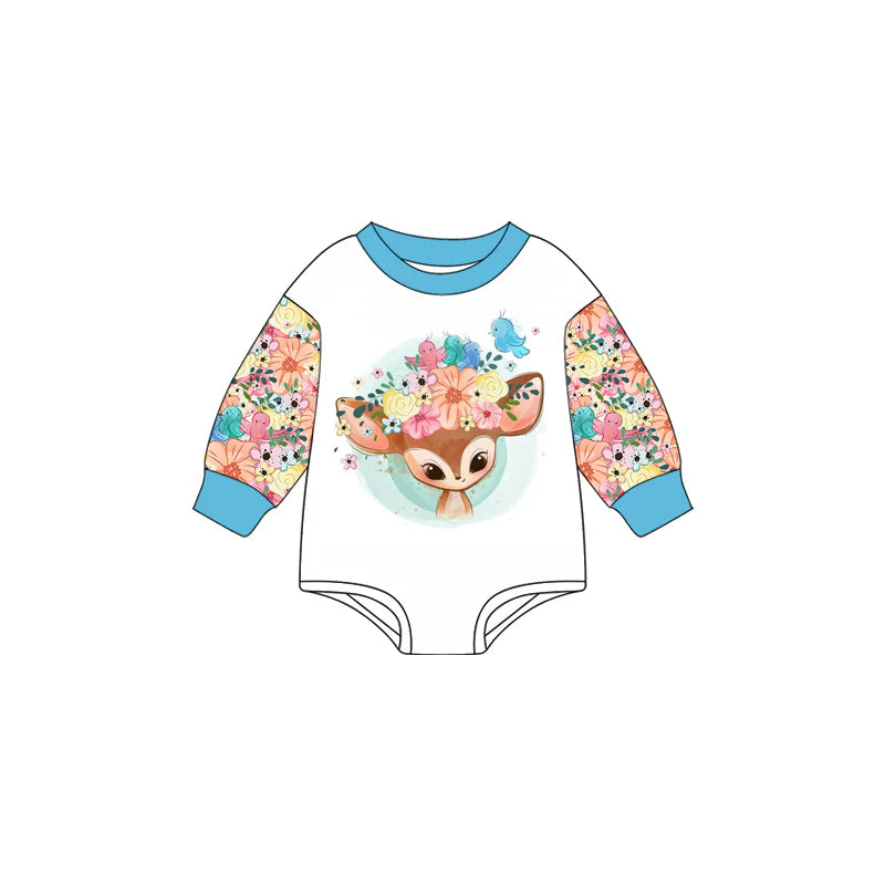 7.16Preorder (moq 5)Baby Girls Blue Long Sleeves Flowers Deer Birds Romper