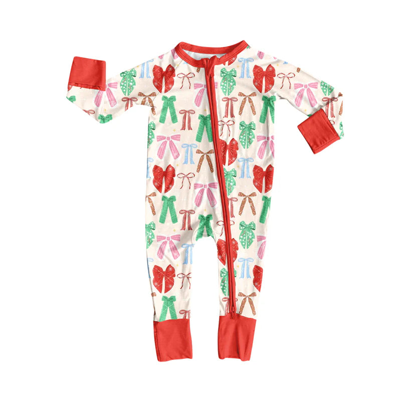 8.6Preorder(moq 5)Baby Infant Boys Long Sleeves Green Red Bows Christmas Zipper Rompers