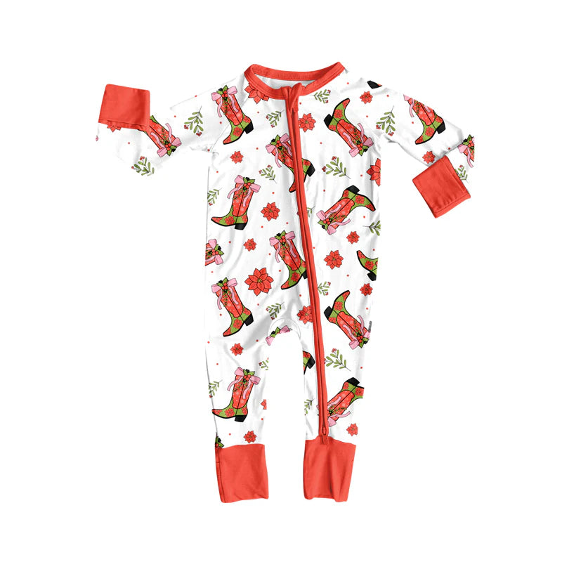 7.16Preorder (moq 5)Baby Girls Red Long Sleeves Flowers Bows Boots Zipper Romper
