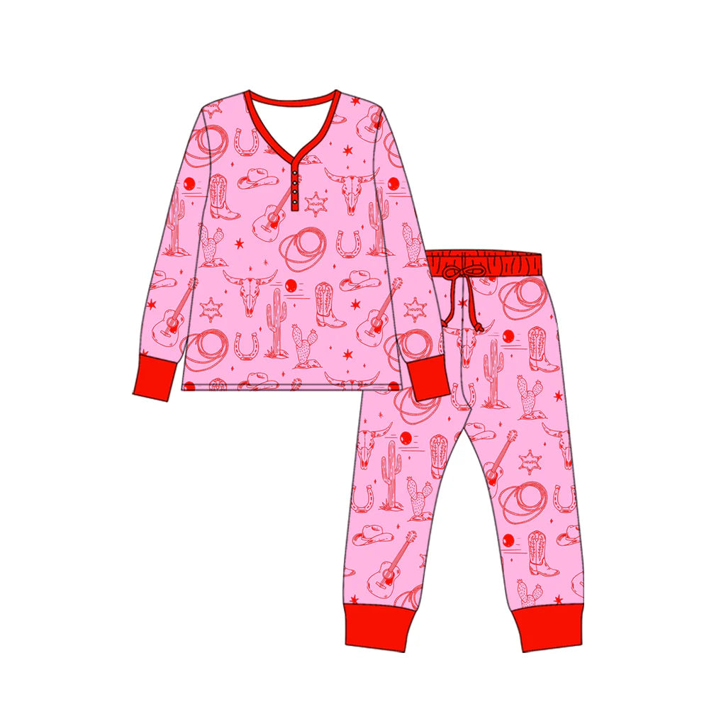 X918Preorder (moq 5)Baby Kids Long Sleeve Bull Skulls Cactus Top Pants Western Pajamas Sets