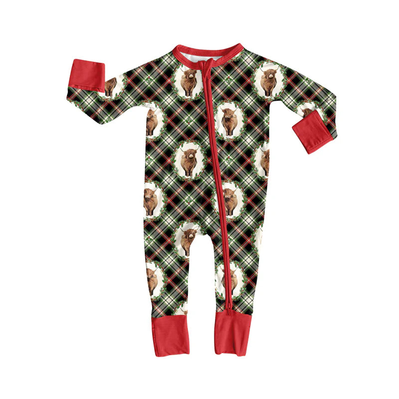 8.4Preorder(moq 5)Baby Infant Boys Highland Cows Holly Plaid Christmas Zipper Rompers