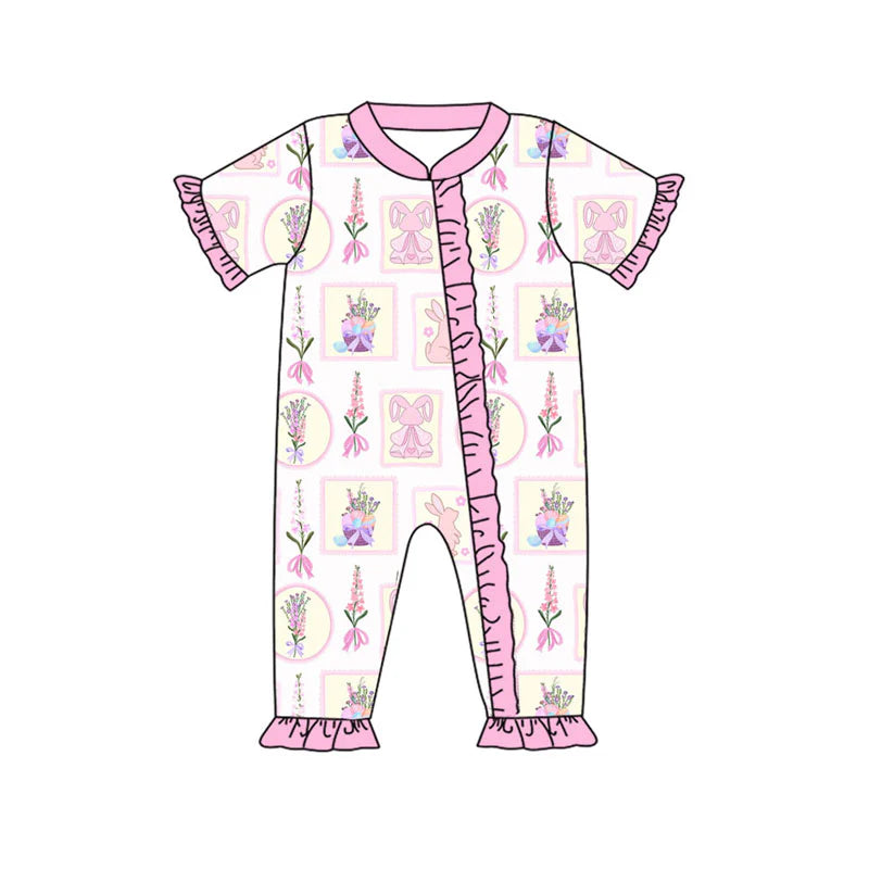 X923Preorder (moq 5)Baby Girls Flowers Rabbits Checked Easter Ruffle Zipper Footie Rompers