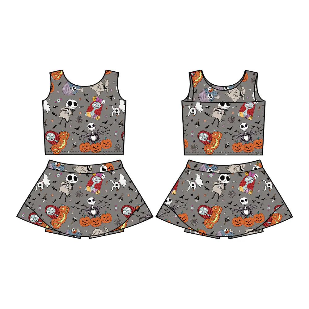 7.18Preorder (moq 5)Baby Girls Sleeveless Cartoon Skull Ghost Vest Top Skorts Set